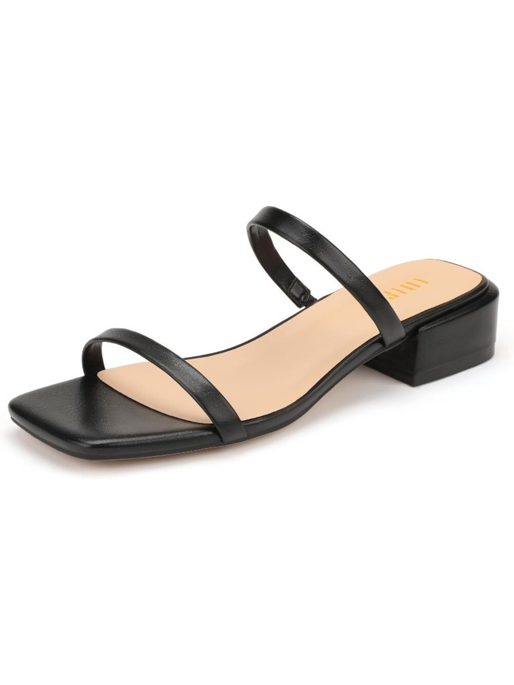 Women's Black Low Block Chunky Slide Two-Strap Square Open Toe Heeled Sandals